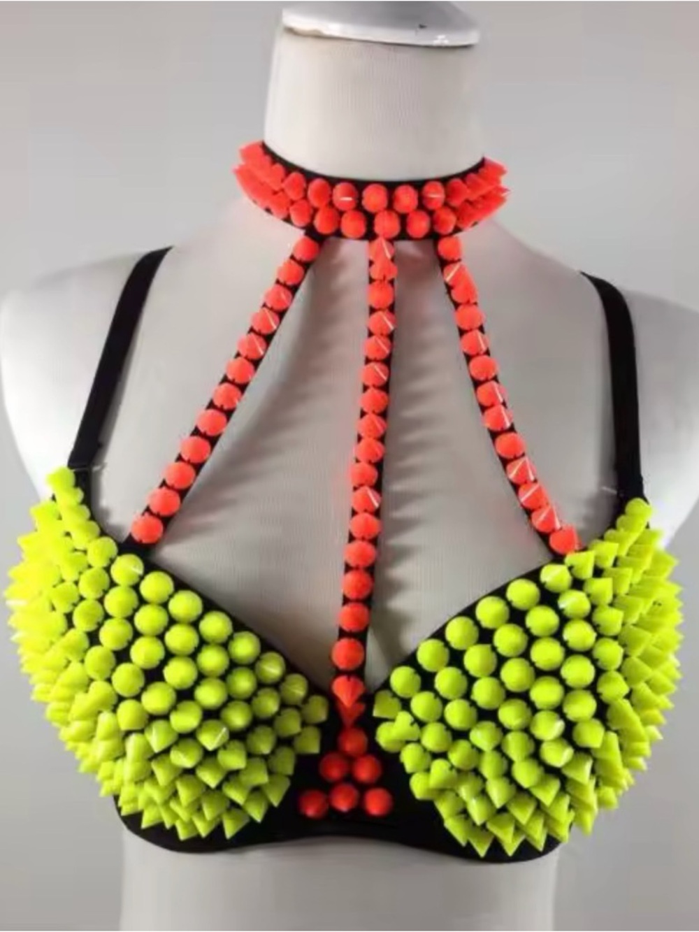 Neon Spike Stud Bra - Yellow & Neon Orange Harness